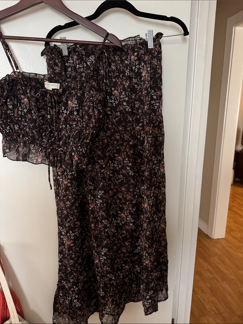 Smocked Crop Top & Maxi Skirt Set - Brown Floral